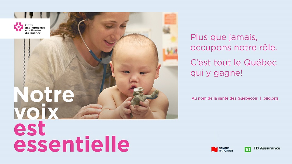 Image d'une infirmi�re auscultant un jeune enfant. Texte : Notre voix est essentielle.